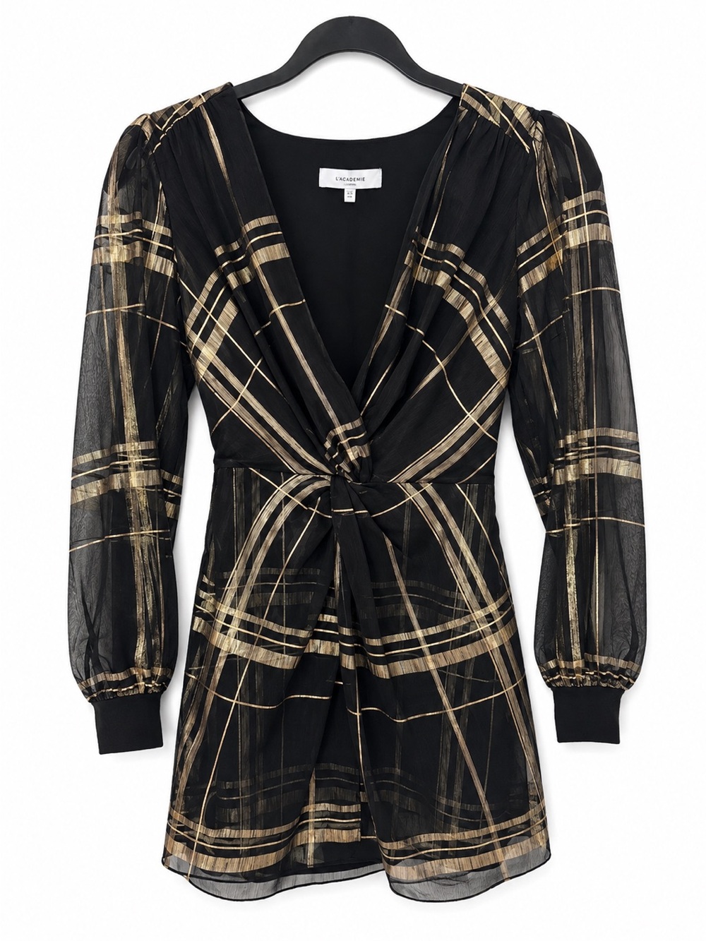 L'Academie Los Angeles Black Gold Plaid Twist Front Mini Dress Party Revolve XS